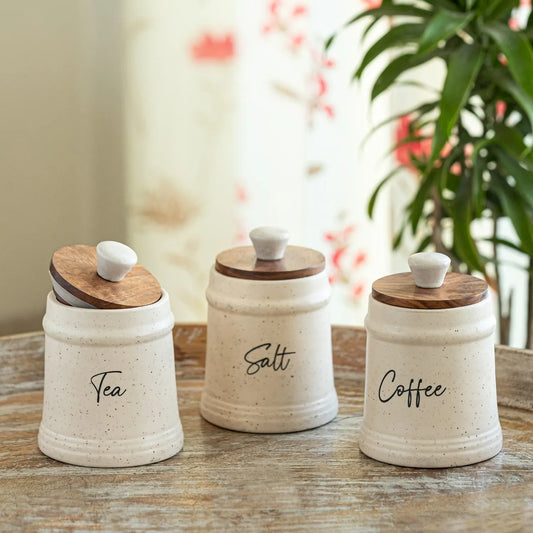 Multi-Utility Storage Jars & Containers In Ceramic With Wooden Lid (Set of 3, Airtight, 300 ML