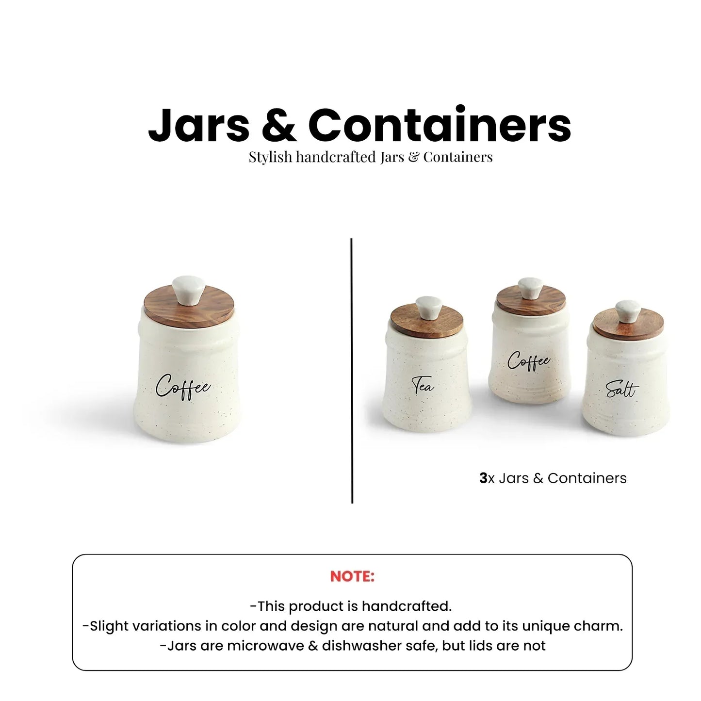 Multi-Utility Storage Jars & Containers In Ceramic With Wooden Lid (Set of 3, Airtight, 300 ML