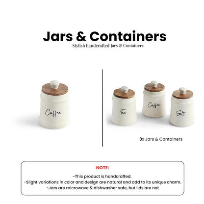 Multi-Utility Storage Jars & Containers In Ceramic With Wooden Lid (Set of 3, Airtight, 300 ML